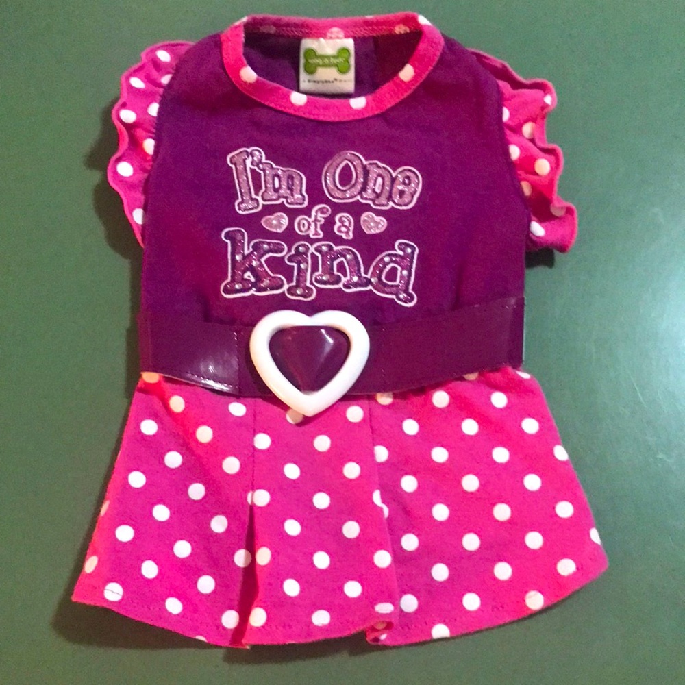 NWOT wag-a-tude Pink Polka Dot Dress with Heart Belt and Glitter Lettering XS